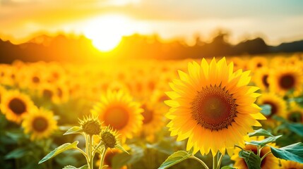 Fototapeta premium Sunflowers in a field at sunset. Beautiful landscape of blooming sunflowers bathed in golden light.