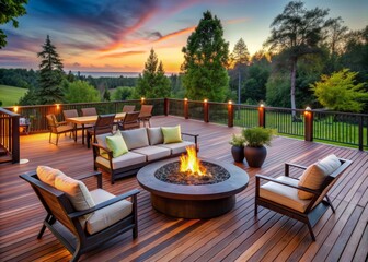 An outdoor deck equipped with a spacious gas fire pit that is openly designed.