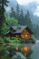 Obraz premium Cozy cabin by a serene river, lush green meadow, tall pine trees, tranquil mountain scenery