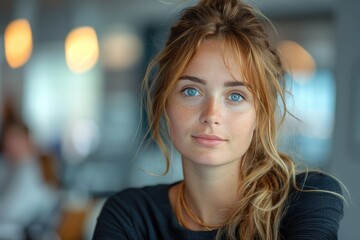 Fototapeta premium Portrait of a young woman with blue eyes and long hair, softly smiling in a warmly lit indoor setting.