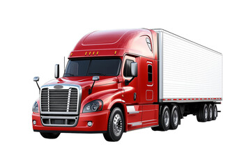 A detailed representation of a red semi truck designed for transportation, showcasing its features against a plain white backdrop