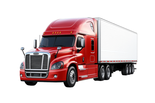 A detailed representation of a red semi truck designed for transportation, showcasing its features against a plain white backdrop
