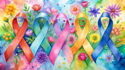 Vibrant watercolor background featuring colorful awareness ribbons entwined with flowers, symbolizing hope and support for cancer research and awareness on special day.