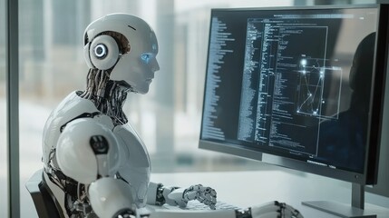 White Ai robot think and looking on monitor working, high-tech artificial intelligence robot concept, Generative Ai