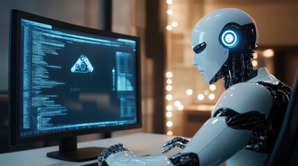 White Ai robot think and looking on monitor working, high-tech artificial intelligence robot concept, Generative Ai