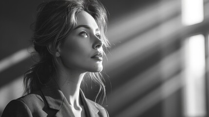 Black and white portrait of a thoughtful woman gazing into the light, surrounded by dramatic shadows, conveying introspection and contemplation.