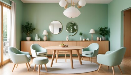 Fototapeta premium Mint color chairs surround a round wooden dining table in a room with a sofa and a cabinet near a green wall, showcasing Scandinavian home interior design