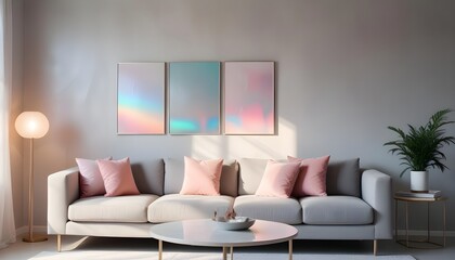 A minimalist style home interior design of a modern living room features a beige sofa on hardwood floors near a stone cladding wall