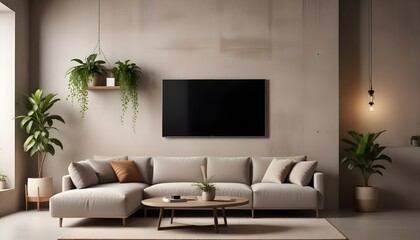 A minimalist style home interior design of a modern living room features a beige sofa on hardwood floors near a stone cladding wall