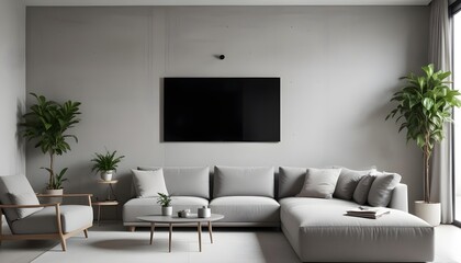 A minimalist style home interior design of a modern living room features a beige sofa on hardwood floors near a stone cladding wall