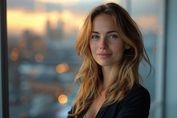 Obraz premium Confident young woman with wavy hair standing by a window, with a cityscape at sunset in the background.