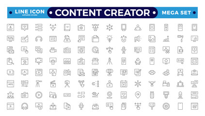 Content creator icon set. Modern thin-line style of love social media-related icons: passion, creator, celebrity, and more. Pictograms and infographics for mobile.Editable stroke outline icon. 
