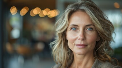Fototapeta premium Portrait of a mature woman with blonde hair and blue eyes, looking confidently at the camera in a warmly lit indoor setting.