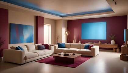 In a minimalist loft home interior design of the modern living room, a beige sofa occupies a spacious room with stucco walls