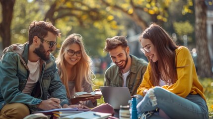 Group of Students Studying Together in Park.