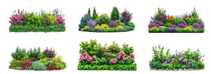 A colorful array of flowering plants and shrubs showcases a beautiful garden landscape under bright sunlight