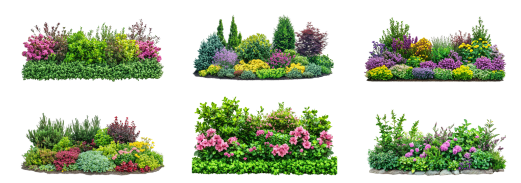 A colorful array of flowering plants and shrubs showcases a beautiful garden landscape under bright sunlight