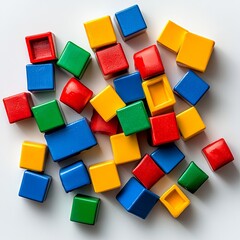 Obraz premium Colorful Building Blocks Scattered on White Background