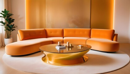 A minimalist home interior design of a modern living room showcases a luxury curved sofa paired with a golden coffee table