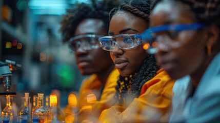 Group of diverse students wearing safety goggles and yellow lab coats engaged in a science experiment in a laboratory

