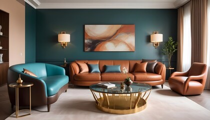 A minimalist home interior design of a modern living room showcases a luxury curved sofa paired with a golden coffee table