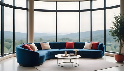 A minimalist home interior design of a modern living room includes a luxury blue curved sofa positioned near a window