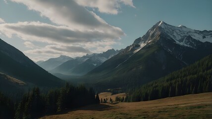 A picturesque mountainous countryside scenery under dramatic and cloudy sky. green fields and trees on the hills.