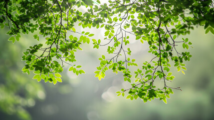Fototapeta premium Green leaves with sunlight filtering through on a serene day.