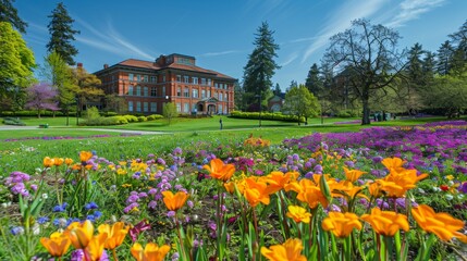 Obraz premium Spring Flowers Blooming in Front of a College Building.