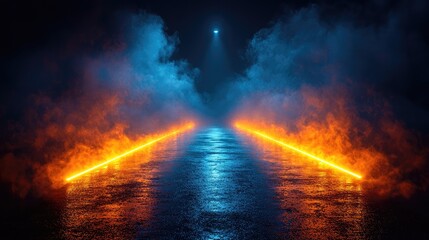 Obraz premium Blue dark background of the empty foggy street with wet asphalt, illuminated by a searchlight, laser beams, smoke 