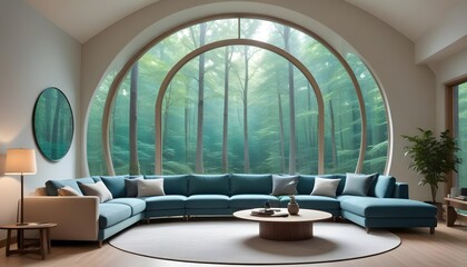 A minimalist home interior design of a modern living room in a house in the forest features a beige corner sofa in a room with a round floor-to-ceiling window