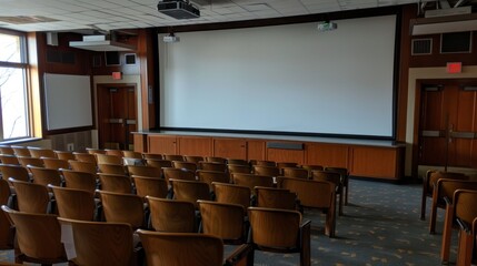 Empty Lecture Hall with Projector Screen.