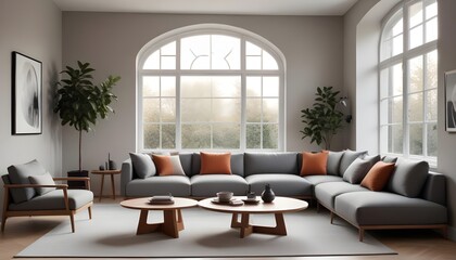 Fototapeta premium In a minimalist home interior design of a modern living room, a grey corner sofa with terracotta pillows surrounds a big round wooden coffee table near a window