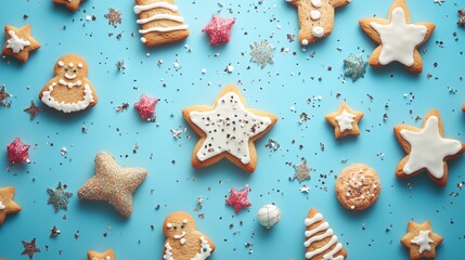 Festive array of homemade Christmas cookies scattered on vibrant blue background with sparkling sugar and star-shaped sprinkles, perfect for holiday baking.