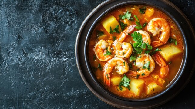 Top view of a delicious bowl of Peruvian chupe de camarones, a shrimp soup with potatoes and cheese, with room for copy.