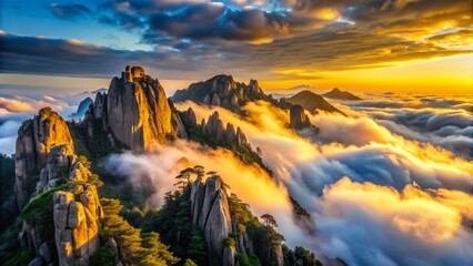 Golden light shines in the evening at Huangshan, reflecting overflowing clouds and clear mountain contours, evoking a traditional Chinese painting against a deep blue sky.