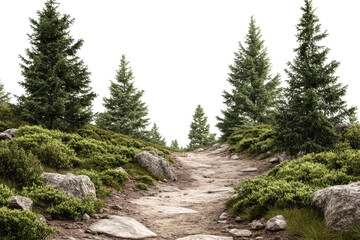 A winding trail leads through lush vegetation and towering pine trees, creating a peaceful atmosphere in a foggy landscape