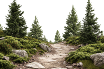 A winding trail leads through lush vegetation and towering pine trees, creating a peaceful atmosphere in a foggy landscape