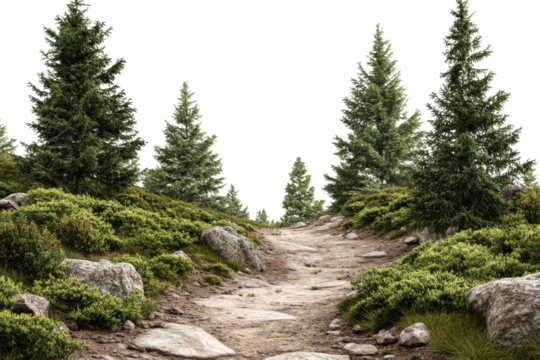 A winding trail leads through lush vegetation and towering pine trees, creating a peaceful atmosphere in a foggy landscape