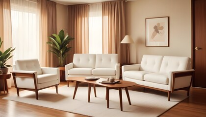 A mid-century style home interior design of a modern living room showcases a white sofa and brown leather armchairs