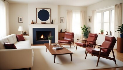 A mid-century style home interior design of a modern living room showcases a white sofa and brown leather armchairs