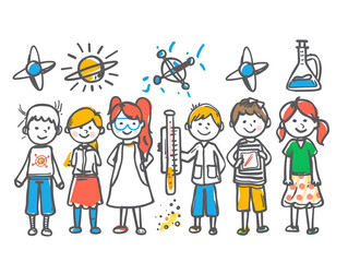 Naklejka premium A children's drawing of a joyful science subject exploration with a white background.