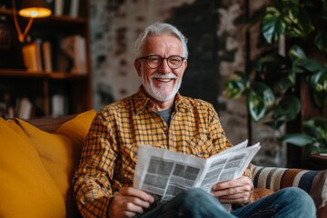 A cheerful elderly man holds a newspaper while sitting comfortably in a warm, inviting living room filled with plants