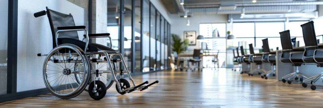 Wheelchair in office among work desks. Disability Employment Awareness Month. Employment, inclusion, Disability Rights, Inclusivity concept. World Disability day