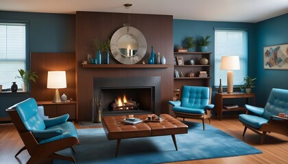 Fototapeta premium A mid-century style home interior design of a modern living room features a brown leather sofa and chairs within a room centered around a fireplace
