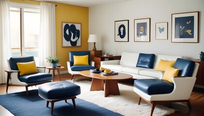 In a mid-century style home interior design of a modern living room, a white sofa and blue leather chairs are arranged near a wooden coffee table