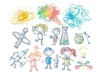 A children's drawing of a joyful science subject exploration with a white background.