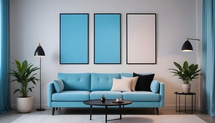 Fototapeta premium In a mid-century interior design of a modern living room, a beige sofa stands near a white wall with three mock-up poster frames