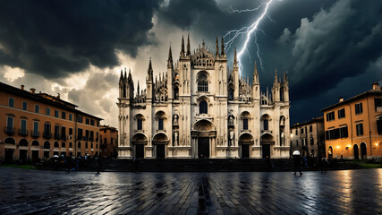 Fototapeta premium Dramatic Lighting Strikes Over Historic Cathedral in Stormy Night Sky