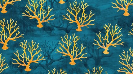 Seamless Golden Coral Branch Pattern on Textured Teal Underwater Background